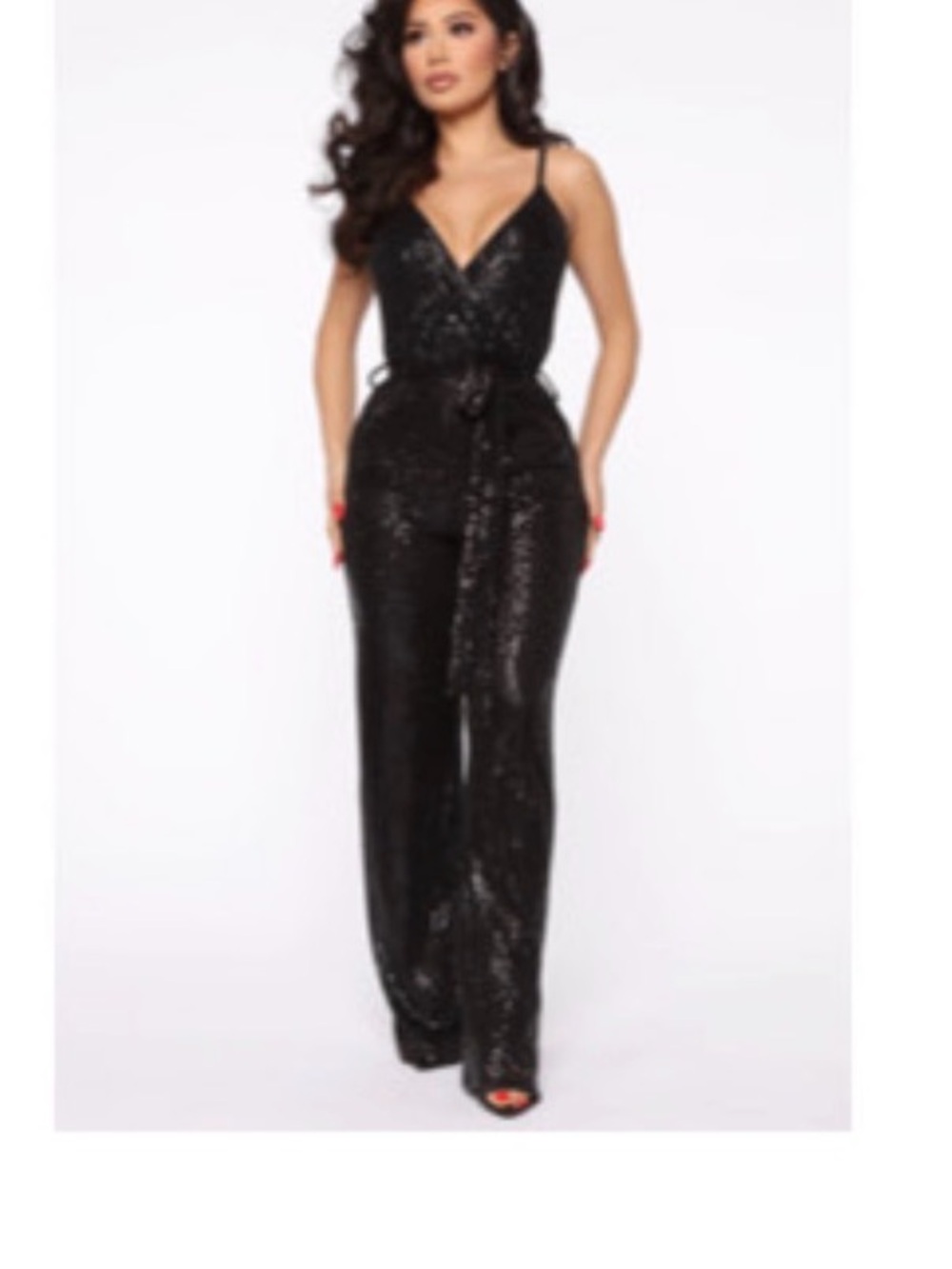 Fashion Nova Black Sequin V-Neck Wide-Leg Jumpsuit